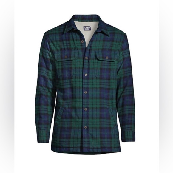 LANDSEND Men's Flannel Sherpa Lined Shirt Jacket with Pockets - Picture 1 of 4